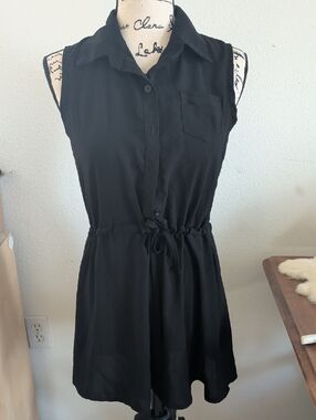 Sleeveless Black Drawstring Shirt Dress